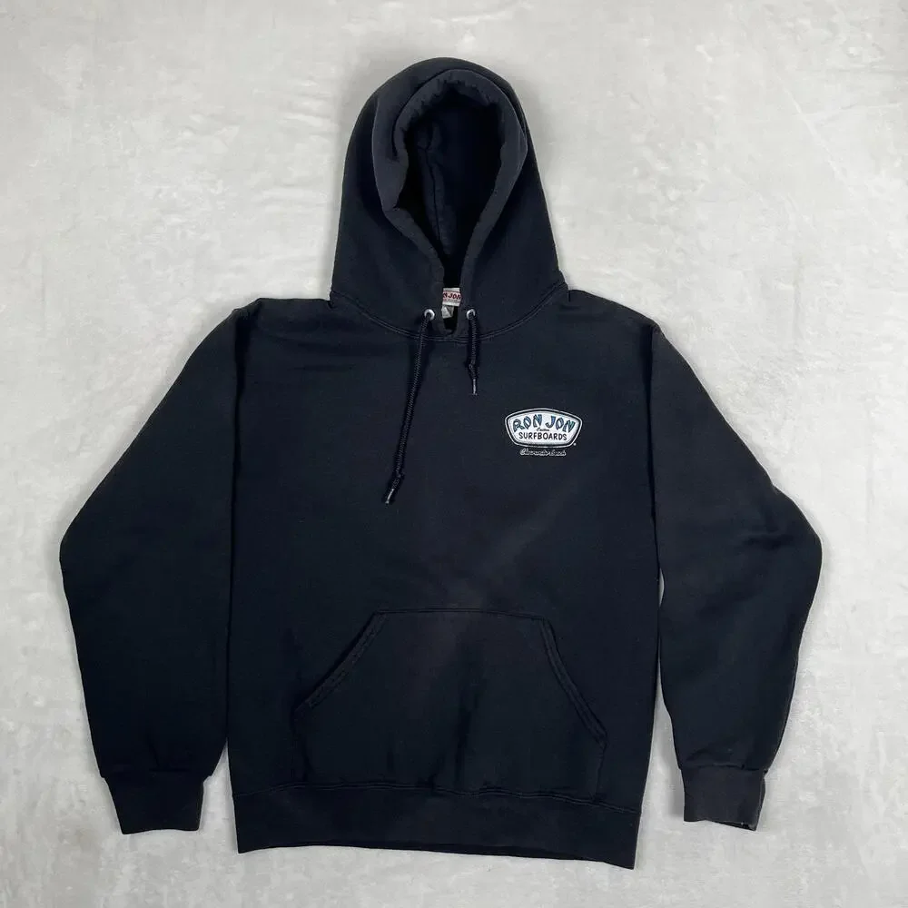 VTG Ron Jon Surf Shop Hoodie Mens Small Black Fleece Pullover Sweatshirt Surf